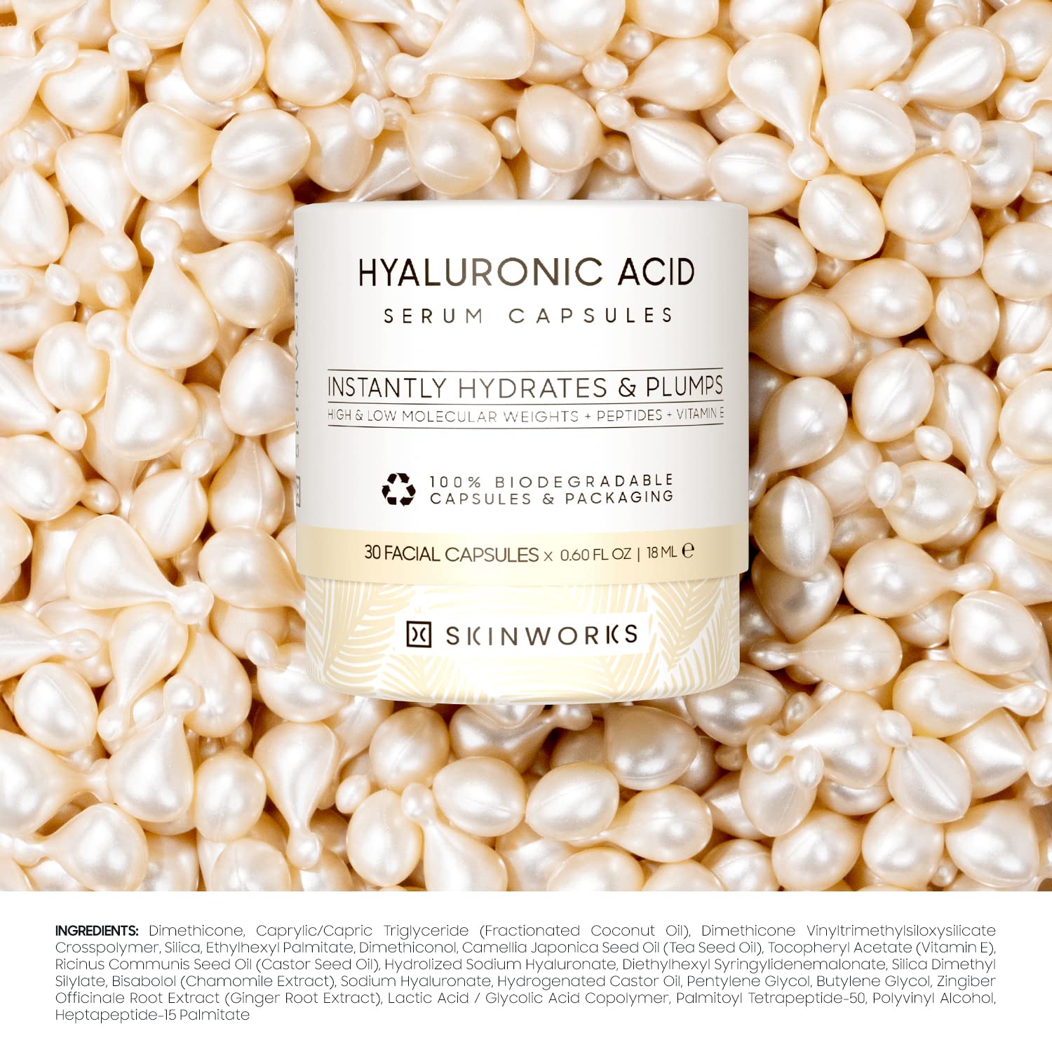 Skinworks Hyaluronic Serum bottle dispensing pump during application.