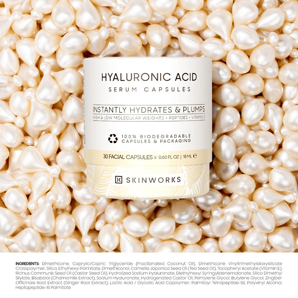 Skinworks Hyaluronic Serum bottle dispensing pump during application.