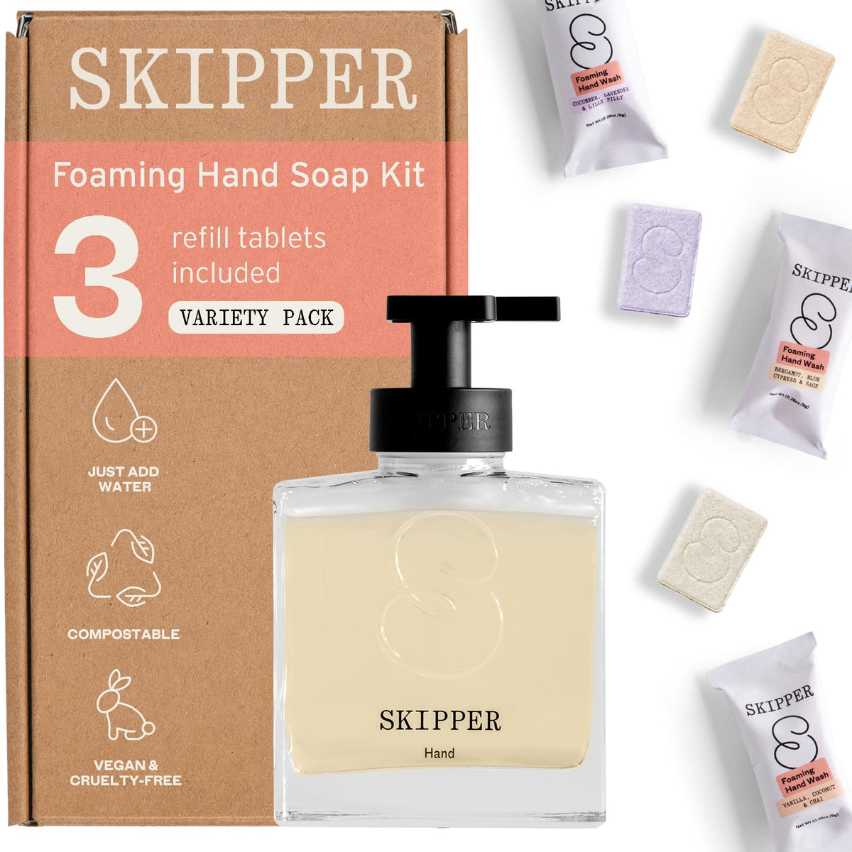 Skipper glass dispenser front view for reusable foaming soap.