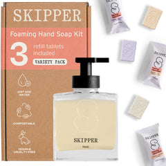 Skipper glass dispenser front view for reusable foaming soap.