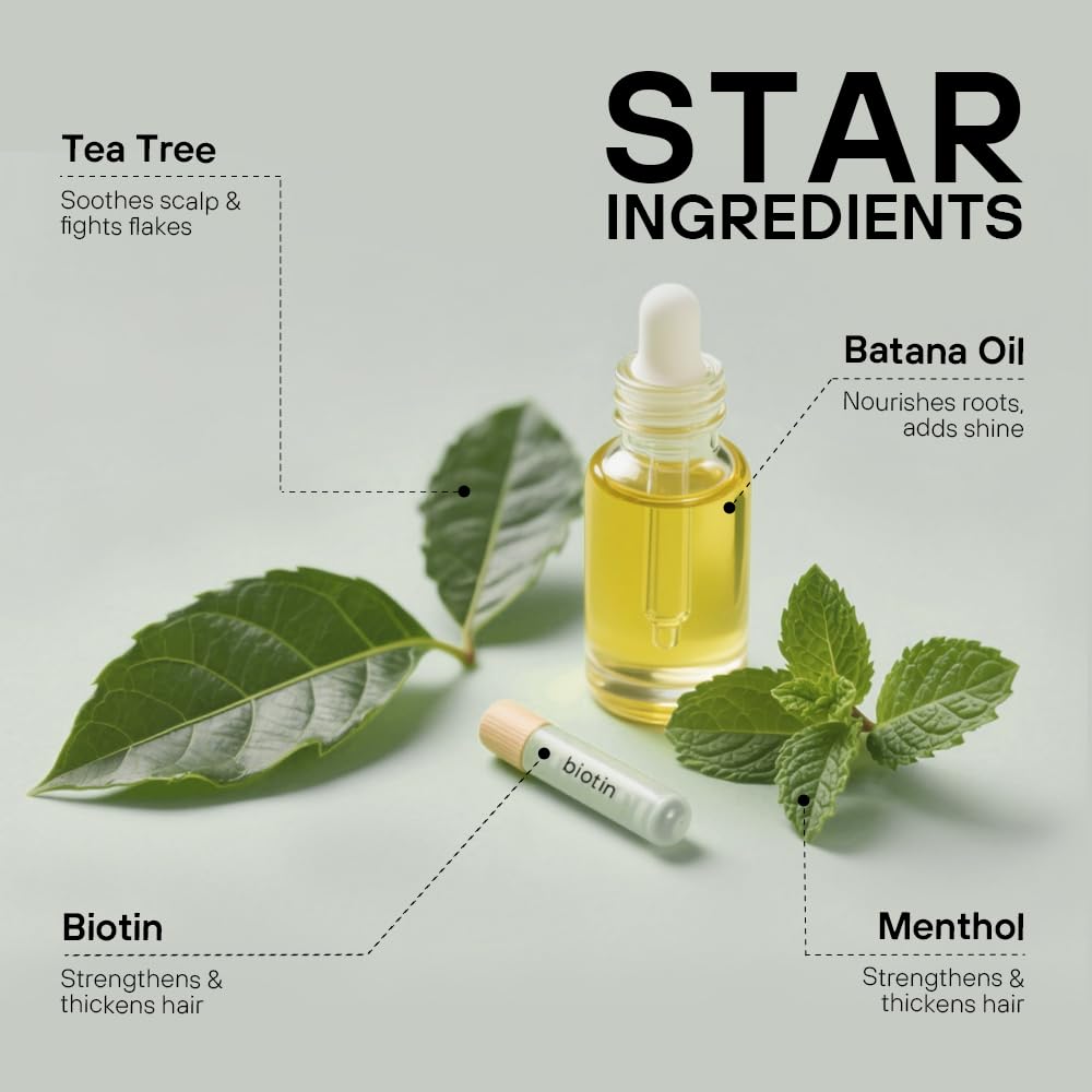 Skirifine Tea Tree Scalp Scrub close-up highlights batana oil for scalp nourishment.