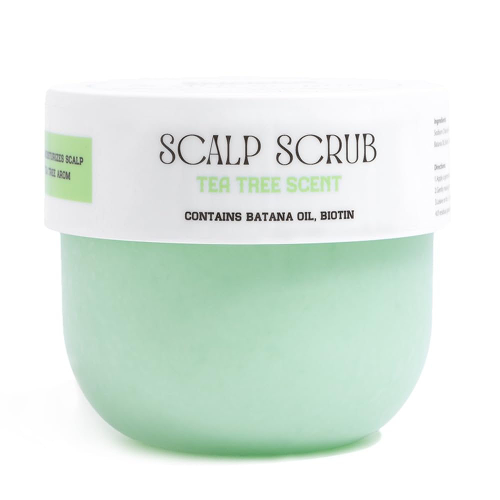 Skirifine Tea Tree Scalp Scrub bottle shows refreshing aroma for invigorating cleanse.