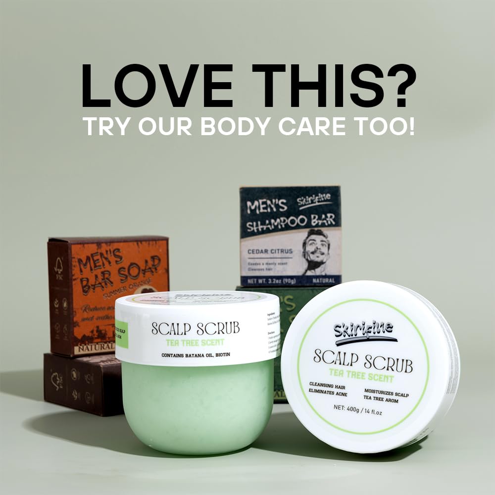 Skirifine Tea Tree Scalp Scrub packaging emphasizes plant-based formula and eco-conscious design.