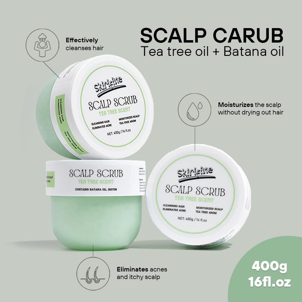 Skirifine Tea Tree Scalp Scrub texture highlights natural sugar crystals for gentle exfoliation.