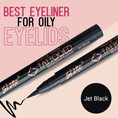 Skone Waterproof Liquid Eyeliner jet-black swatch on skin demonstrates rich color with long-wear potential.