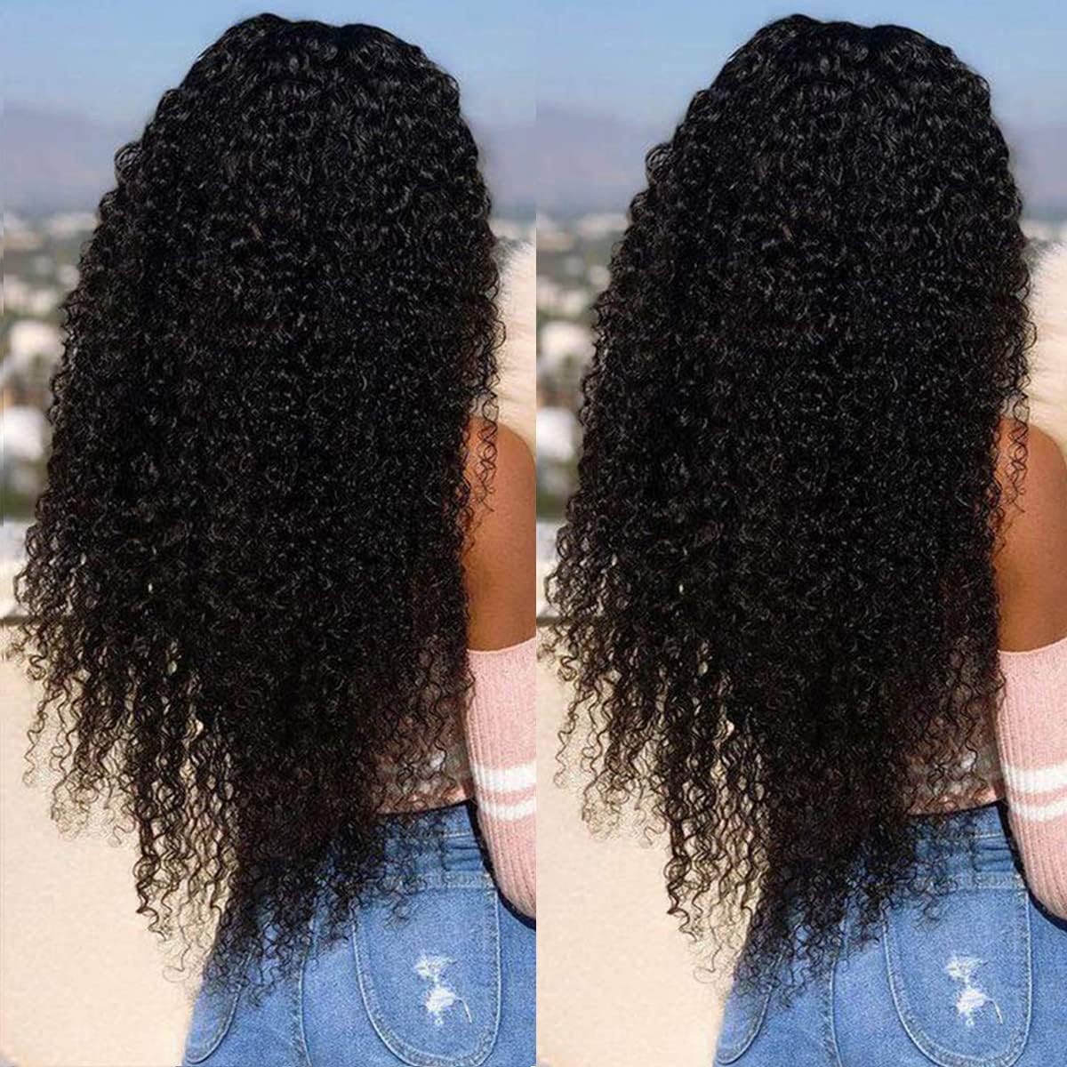 Skouty 30-inch kinkycurly wig on model with side part for versatile styling.