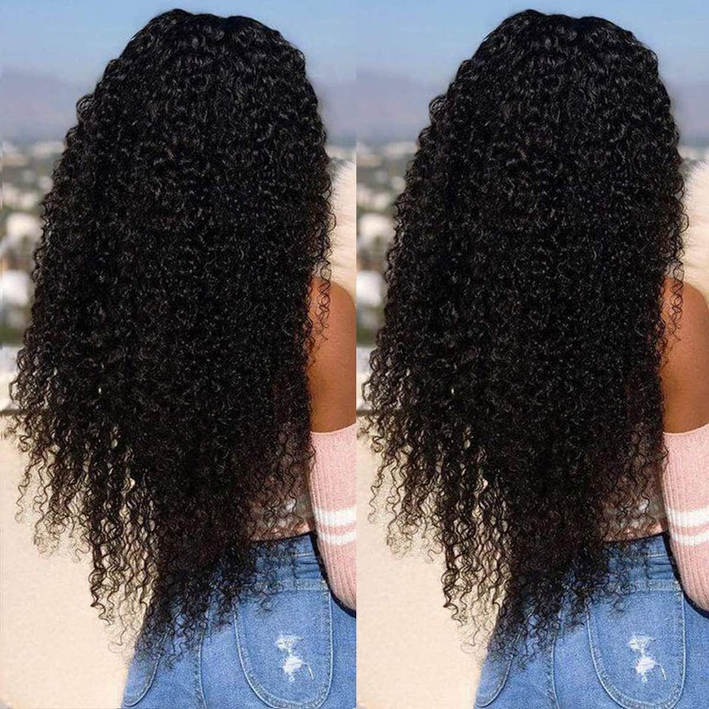 Skouty 30-inch kinkycurly wig on model with side part for versatile styling.