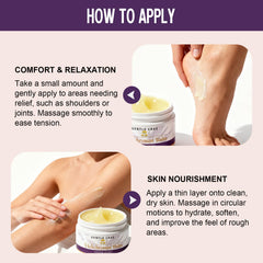 SKSOYT Helichrysum Balm ingredients flat lay highlights olive oil and beeswax for nourishment.