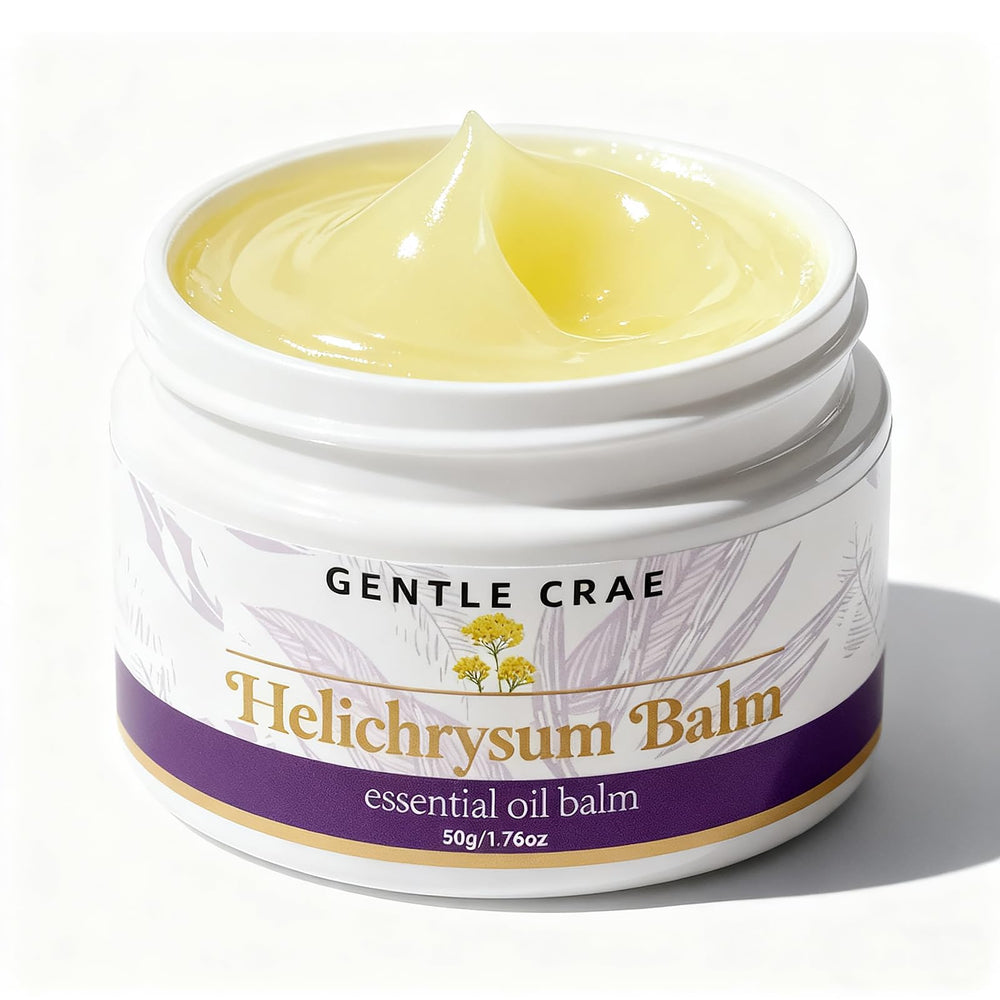 SKSOYT Helichrysum Balm jar close-up showcasing rich moisture for dry, comfortable skin.