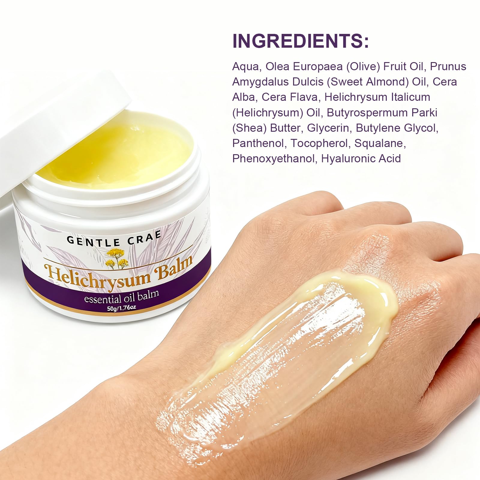 SKSOYT Helichrysum Balm travel-size jar demonstrates on-the-go moisture for busy days.