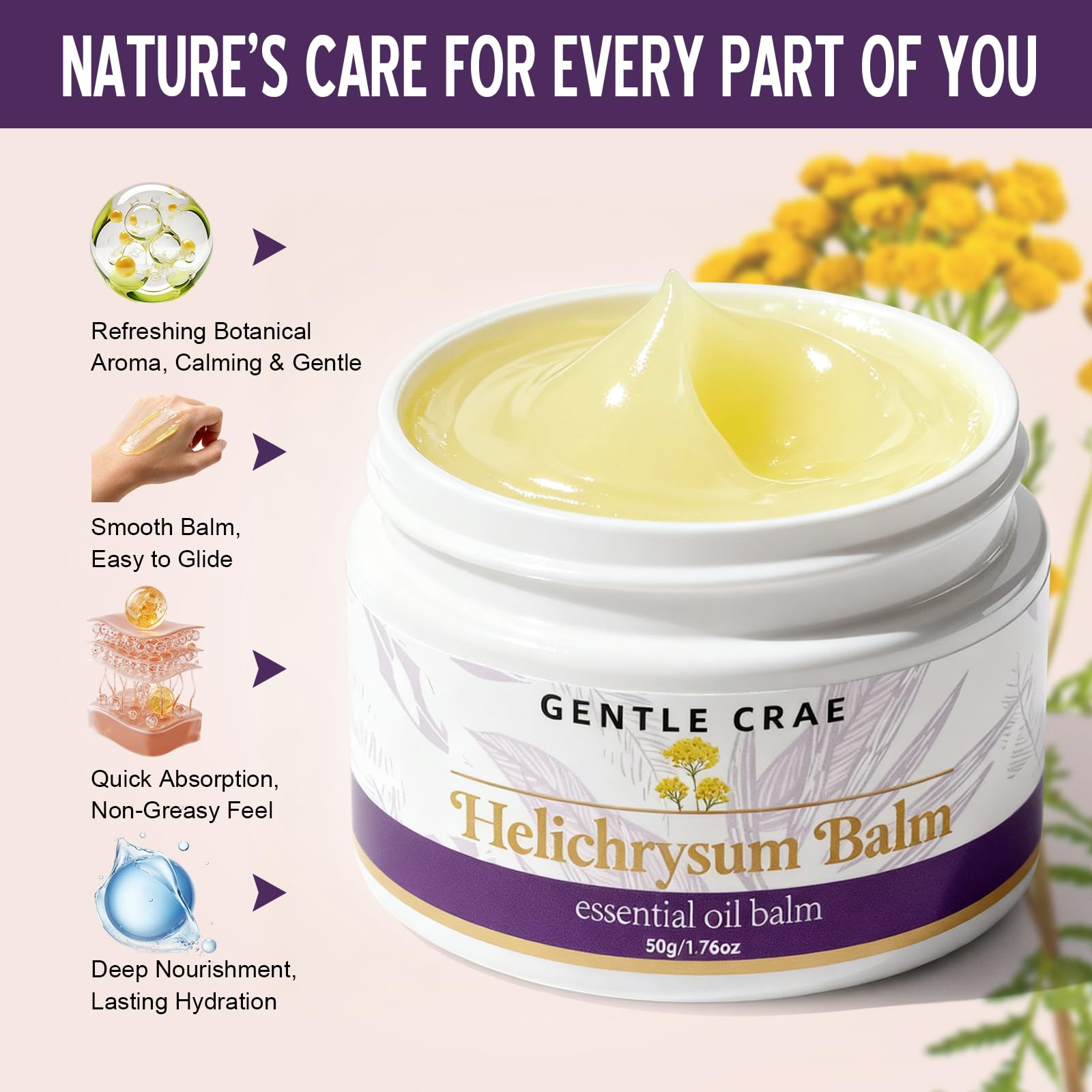 SKSOYT Helichrysum Balm texture close-up demonstrates smooth absorption for irritated or tender skin.