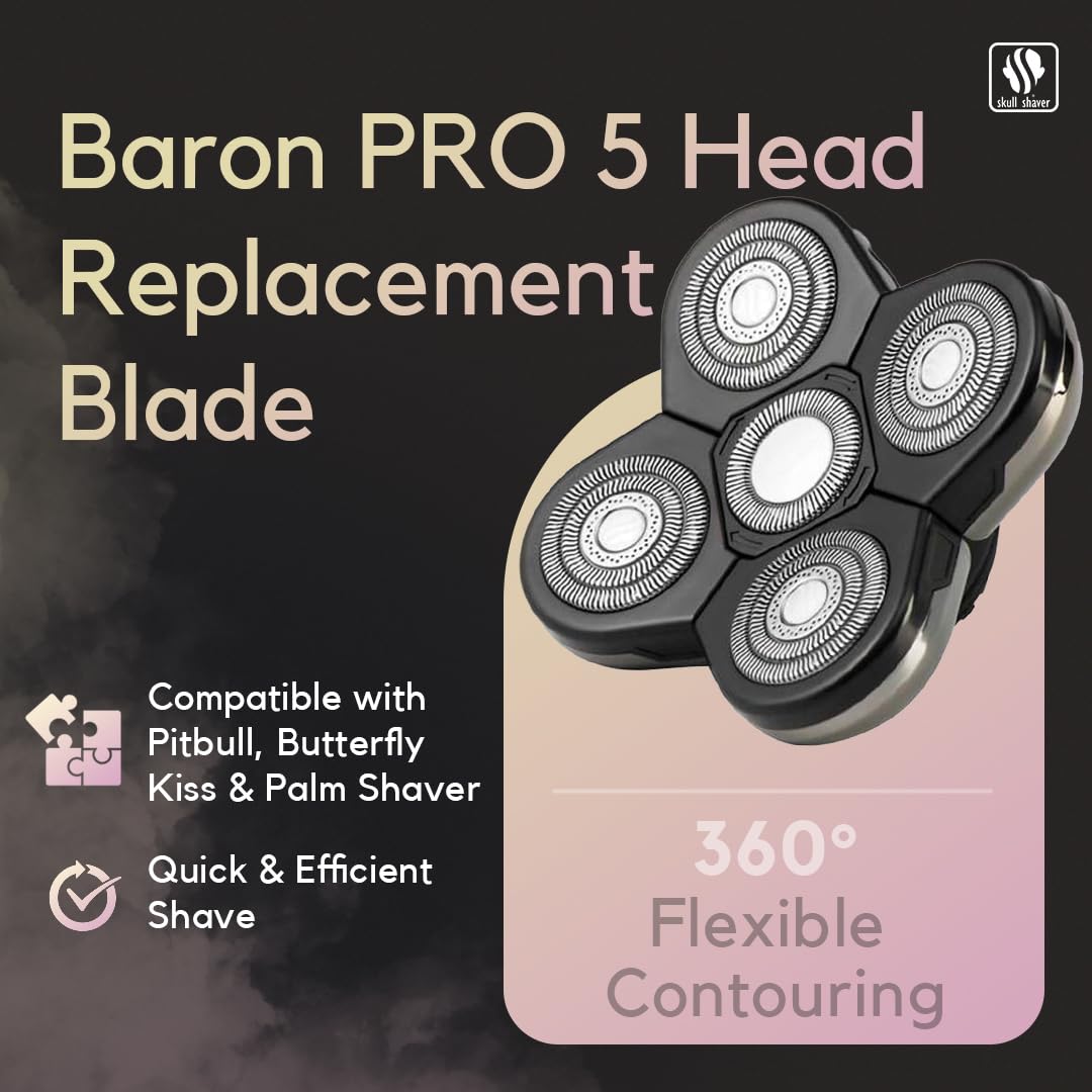 Skull Shaver Baron replacement blade on a Pitbull model demonstrates compatibility and easy replacement.