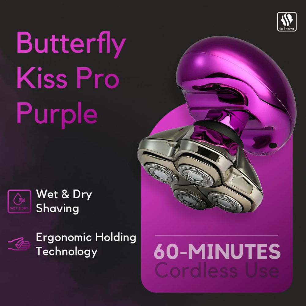 Skull Shaver Butterfly Kiss Pro purple design adds style to routine.