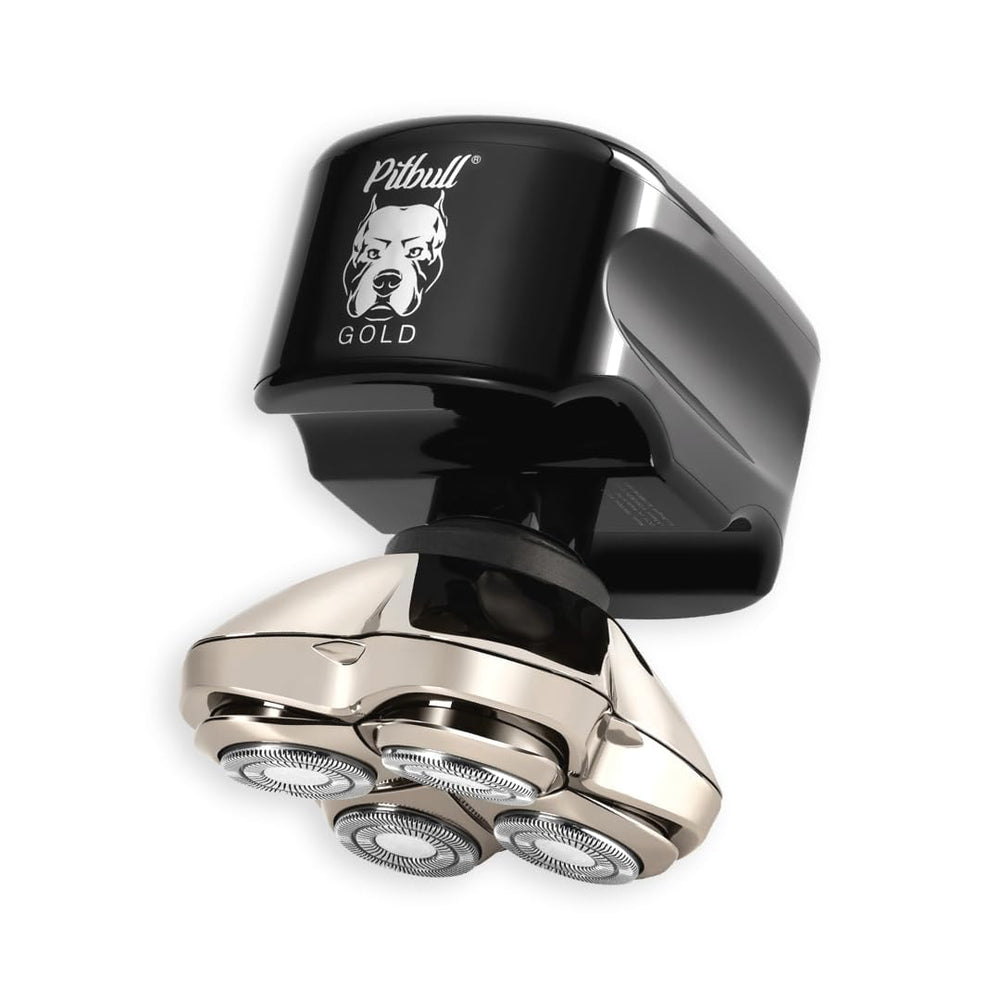Skull Shaver Pitbull Gold PRO head close-up highlights premium blades for efficient head shaving.