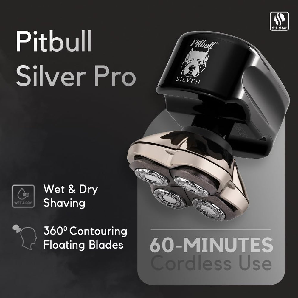 Skull Shaver Pitbull Silver PRO ergonomic handle offering a comfortable grip.