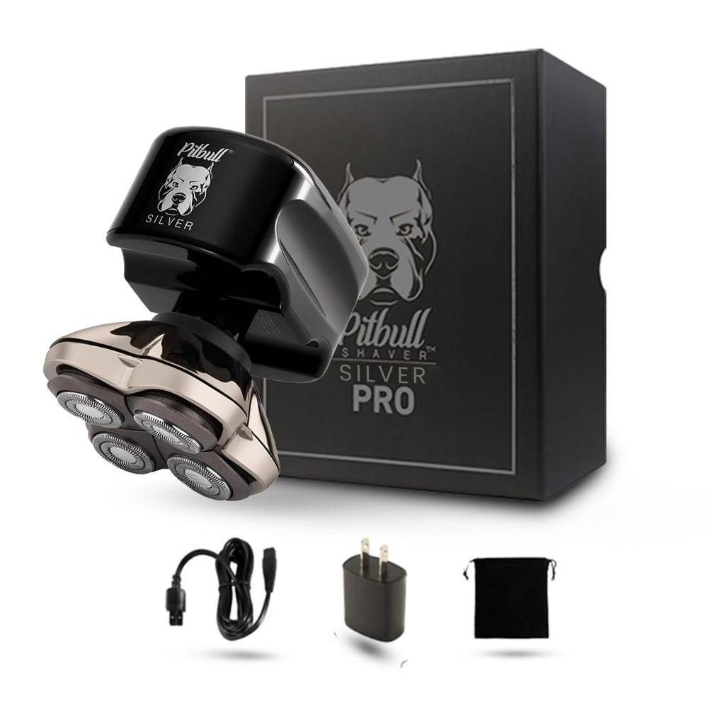 Skull Shaver Pitbull Silver PRO head close-up showing rotary blades for a smooth shave.