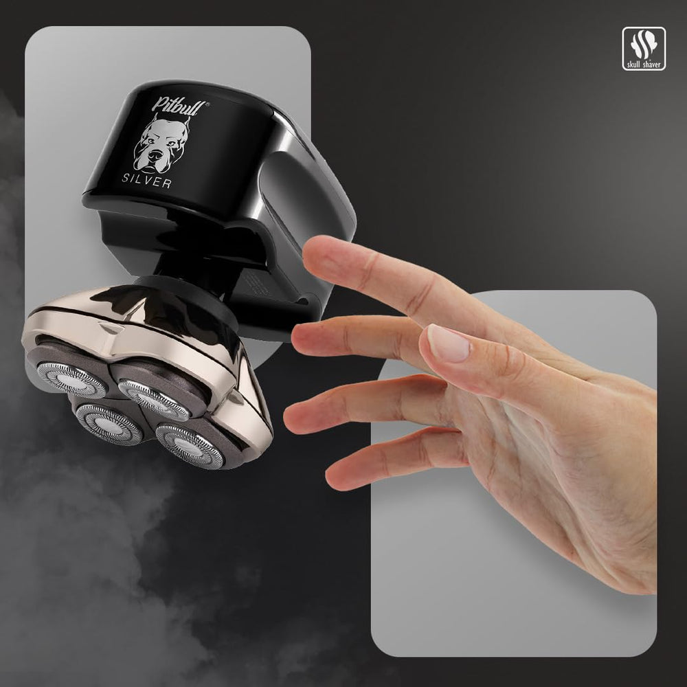 Skull Shaver Pitbull Silver PRO travel pouch included for portability.