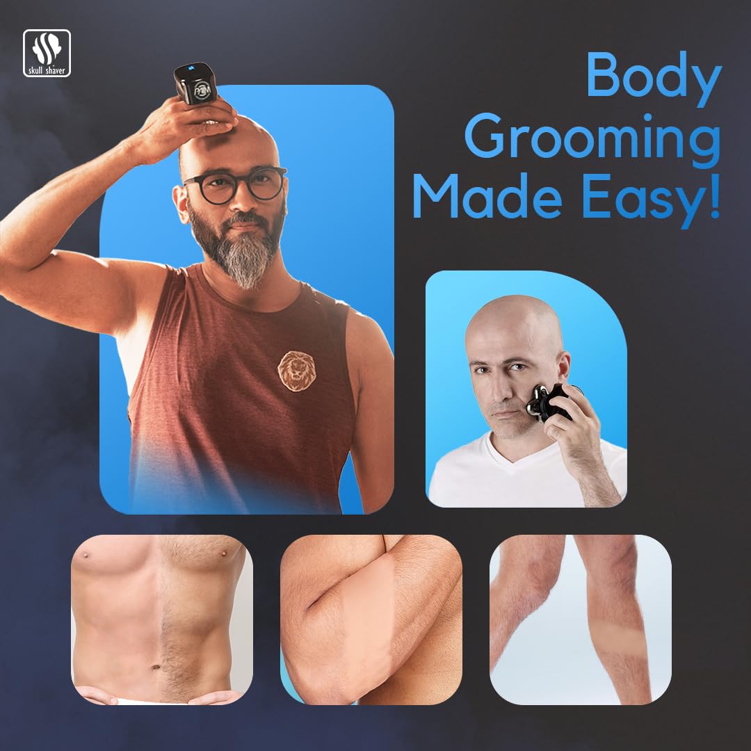 Skull Shaver Palm MX5 built-in vacuum captures hair clippings.
