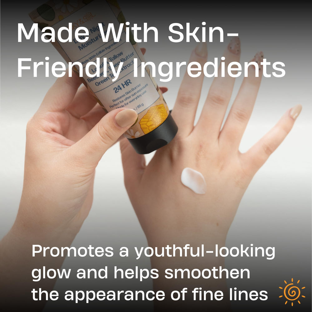 Sky and Sol Everything Cream ingredients label featuring grass-fed tallow and vitamins