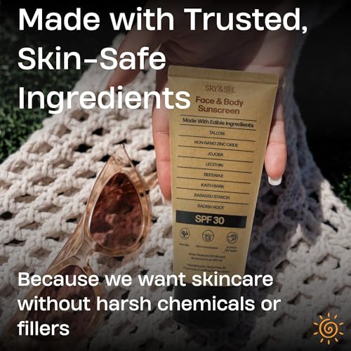Sky and Sol sunscreen applied on face and body for versatile protection.
