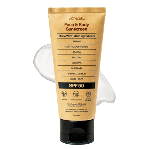 Sky and Sol mineral sunscreen SPF 50 tube in hand for smooth, non-greasy protection.