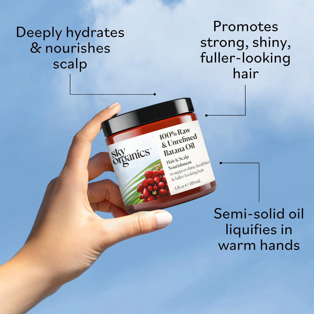 Sky Organics Batana Oil ingredients display hints at fatty acids and vitamins