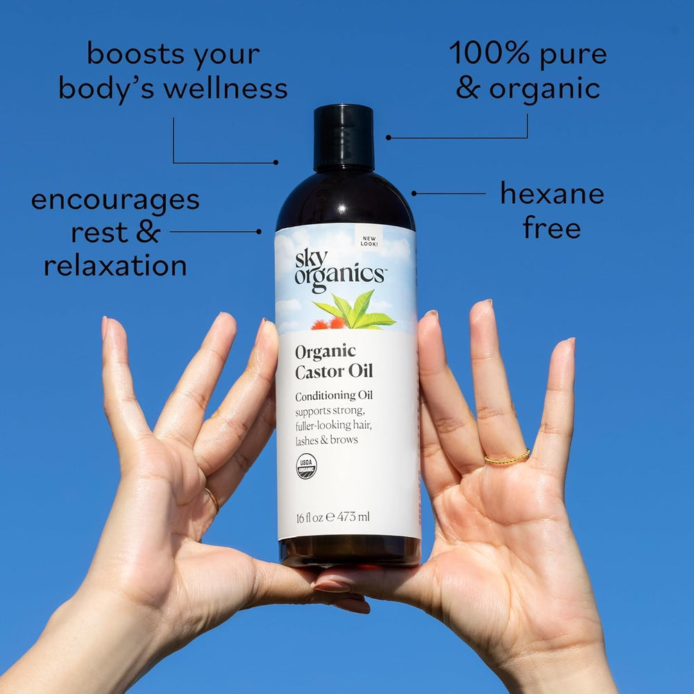 Sky Organics castor oil bottle close-up emphasizes hexane-free formula