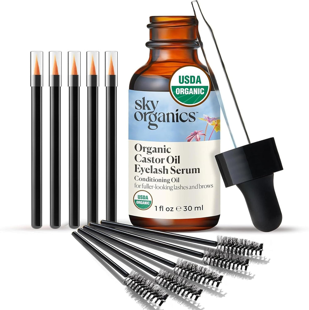 Sky Organics castor oil eyelash serum bottle shows a pure conditioning oil for fuller-looking lashes.