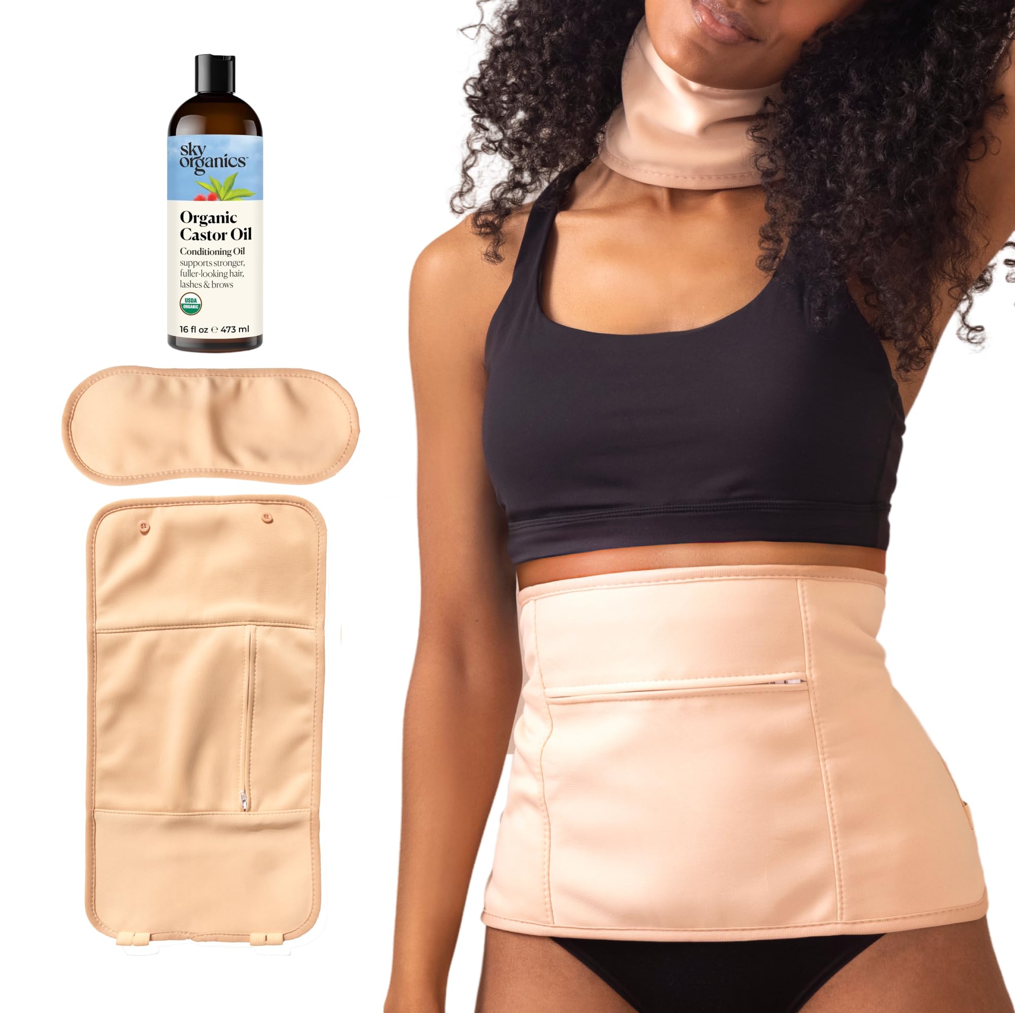 Sky Organics castor oil pack elastic straps shown for secure fit