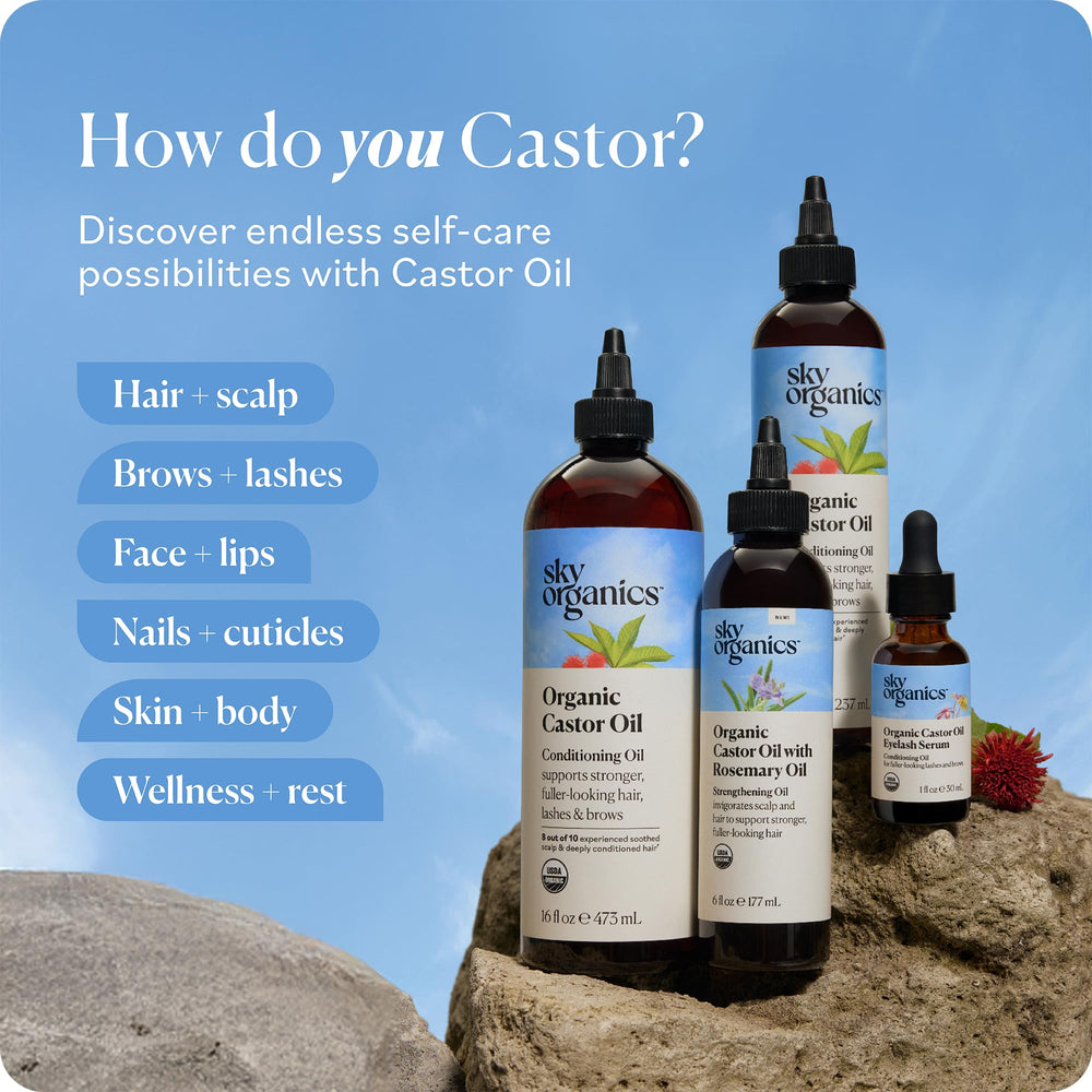 Texture close-up of Sky Organics Castor Oil shows rich, thick consistency.