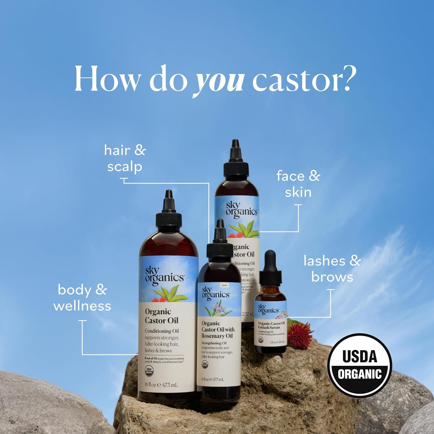 Sky Organics castor oil vegan-cruelty-free badge reinforces ethical beauty choice.