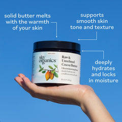 Sky Organics Cocoa Butter application-rub-warm-hands demonstrates easy melt and targeted hydration.
