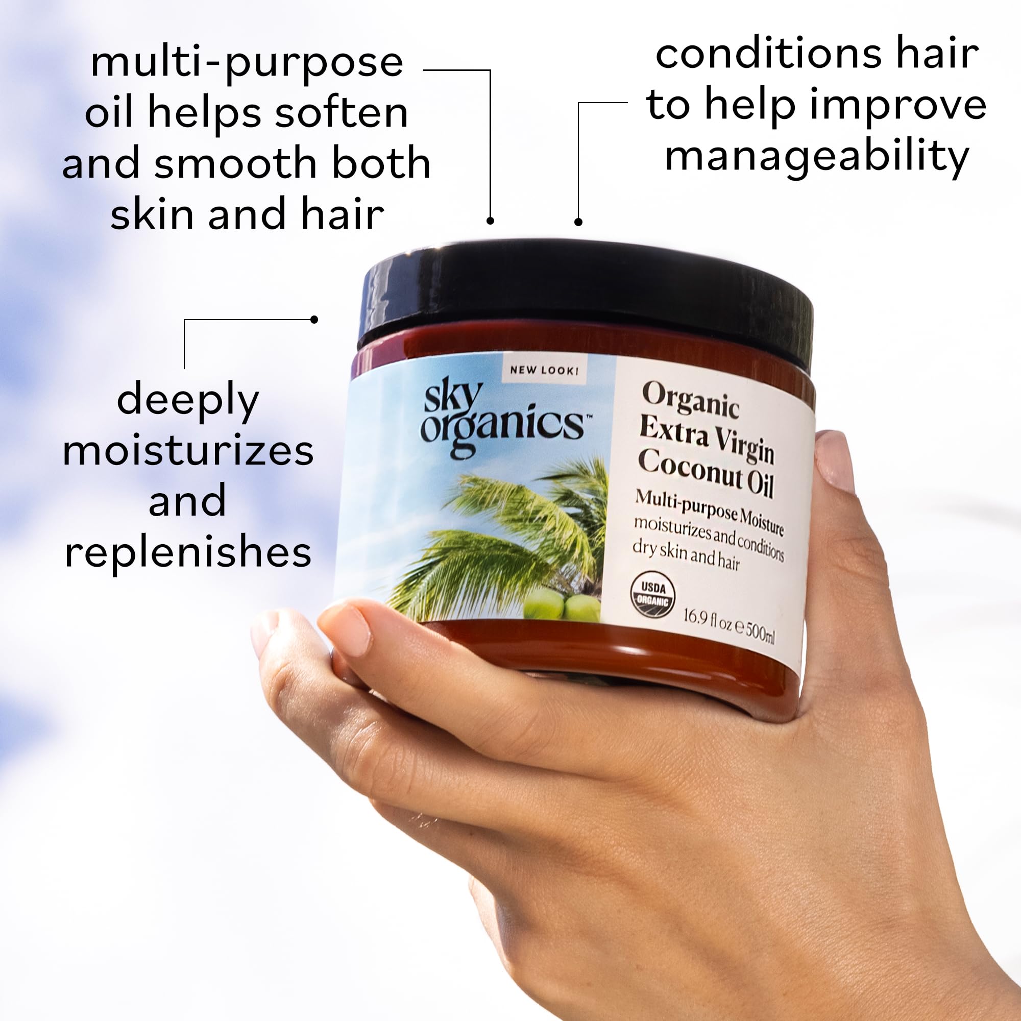 Sky Organics Coconut Oil ingredients nature bottle emphasizes natural formulation