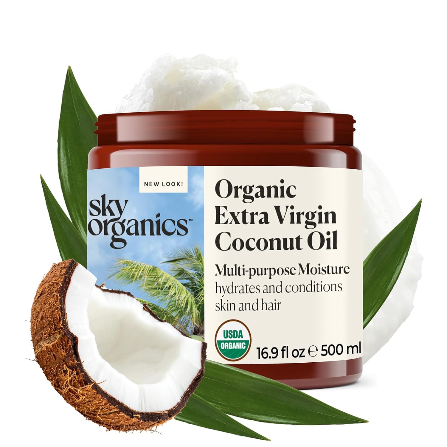 Sky Organics Coconut Oil jar close-up showing skin and hair moisturizing benefits