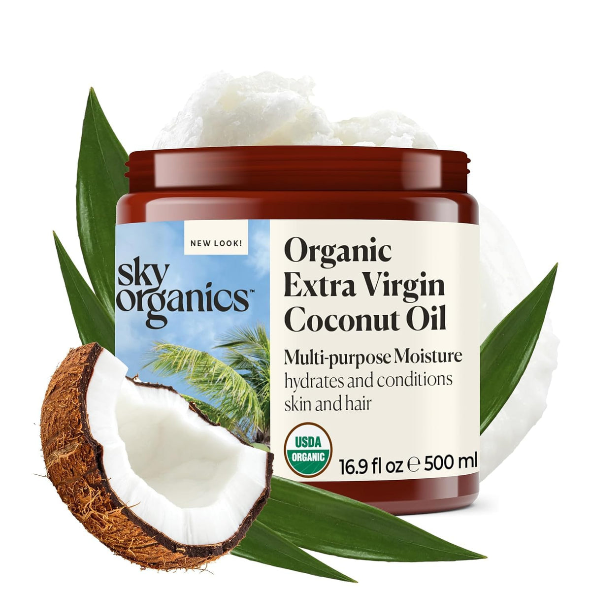 Sky Organics Coconut Oil jar close-up showing skin and hair moisturizing benefits