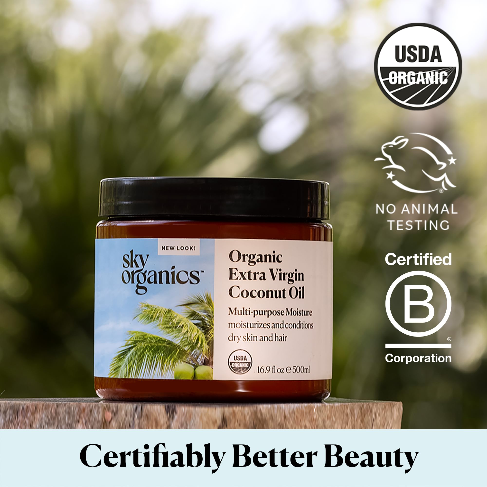 Sky Organics Coconut Oil packaging label underscores eco-friendly, recyclable packaging