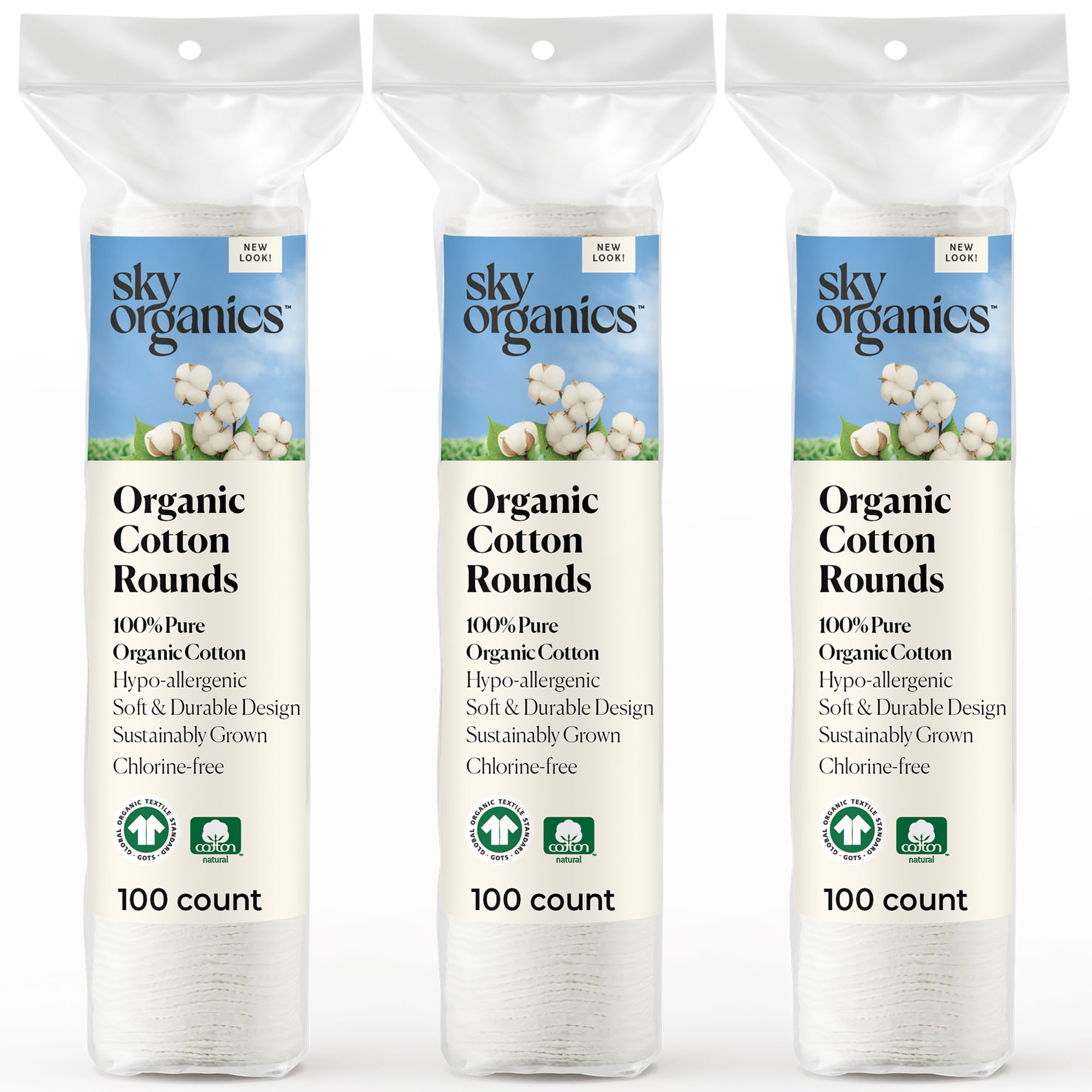 Sky Organics cotton rounds pack shot; gentle, 300-count rounds for sensitive skin care.