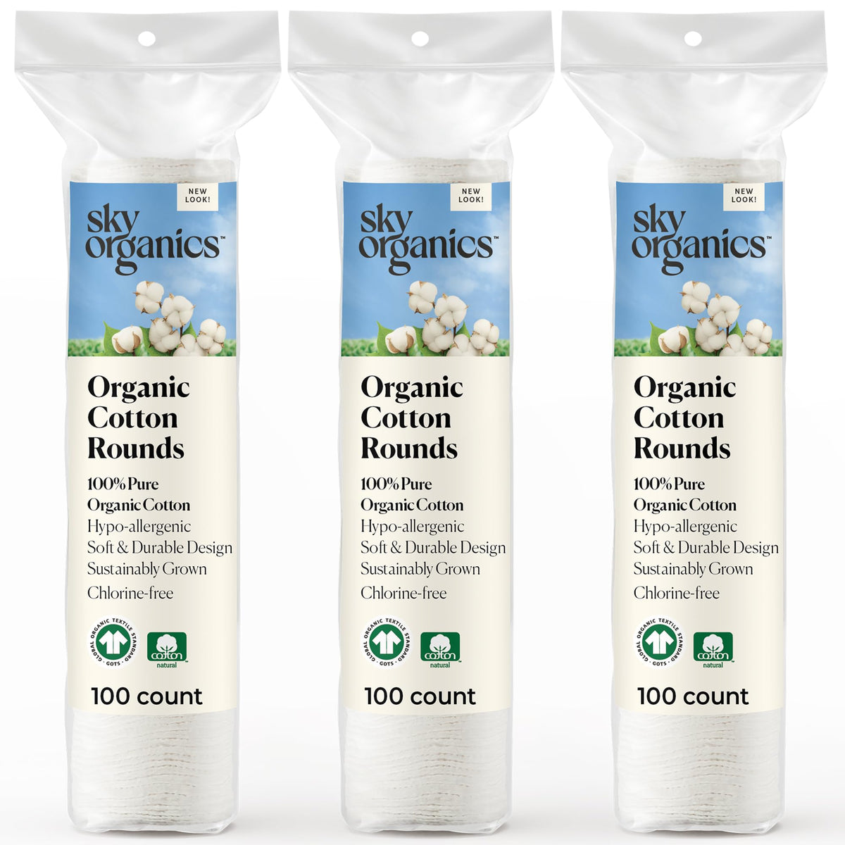 Sky Organics cotton rounds pack shot; gentle, 300-count rounds for sensitive skin care.