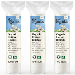 Sky Organics cotton rounds pack shot; gentle, 300-count rounds for sensitive skin care.