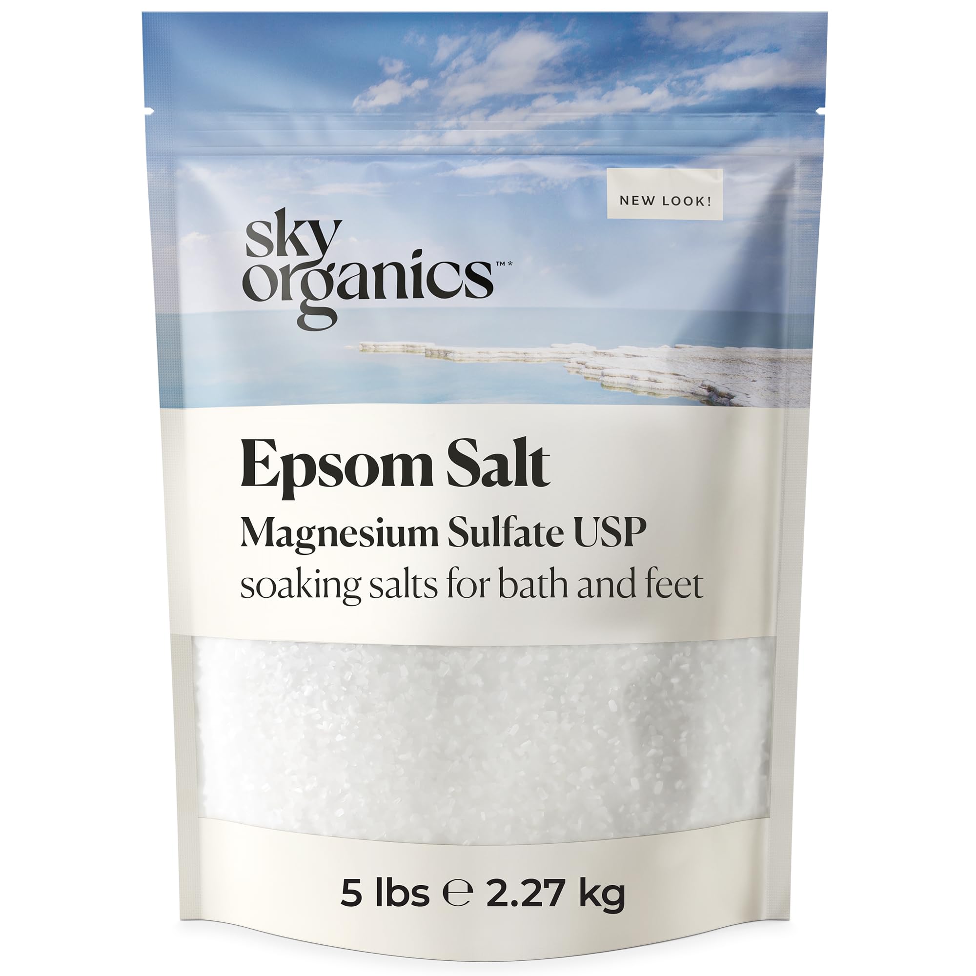 Sky Organics Epsom Salt bag closeup showing resealable 5 lb packaging for easy storage.