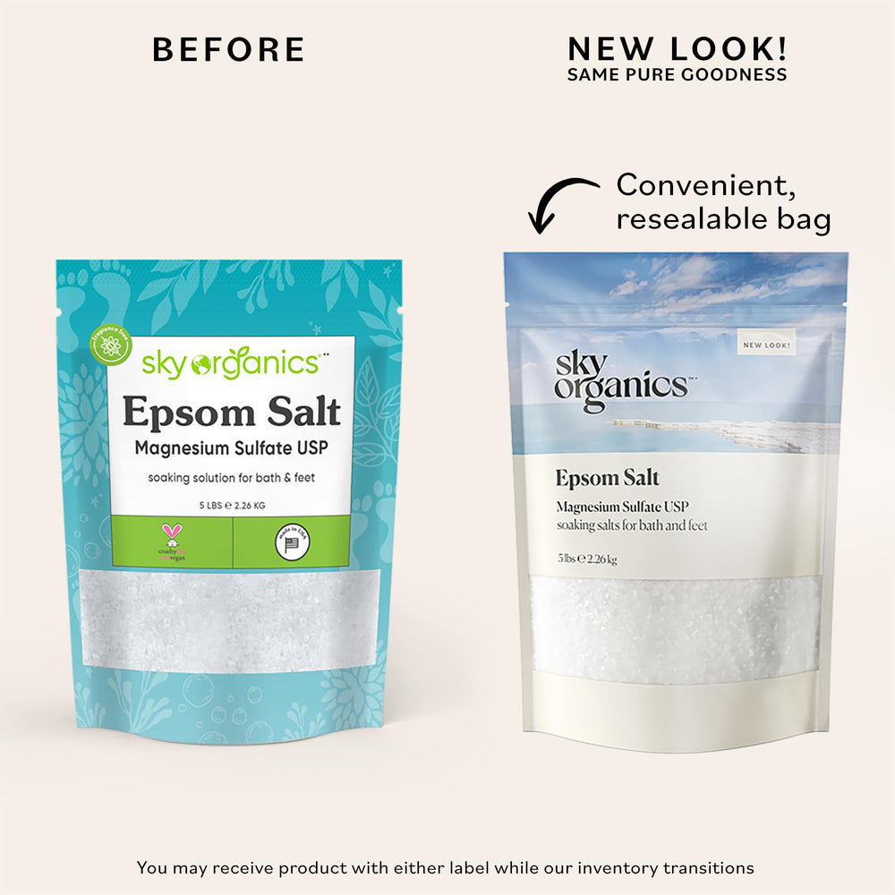 Sky Organics Epsom Salt being poured into a bath for a relaxing soak.
