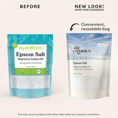 Sky Organics Epsom Salt being poured into a bath for a relaxing soak.