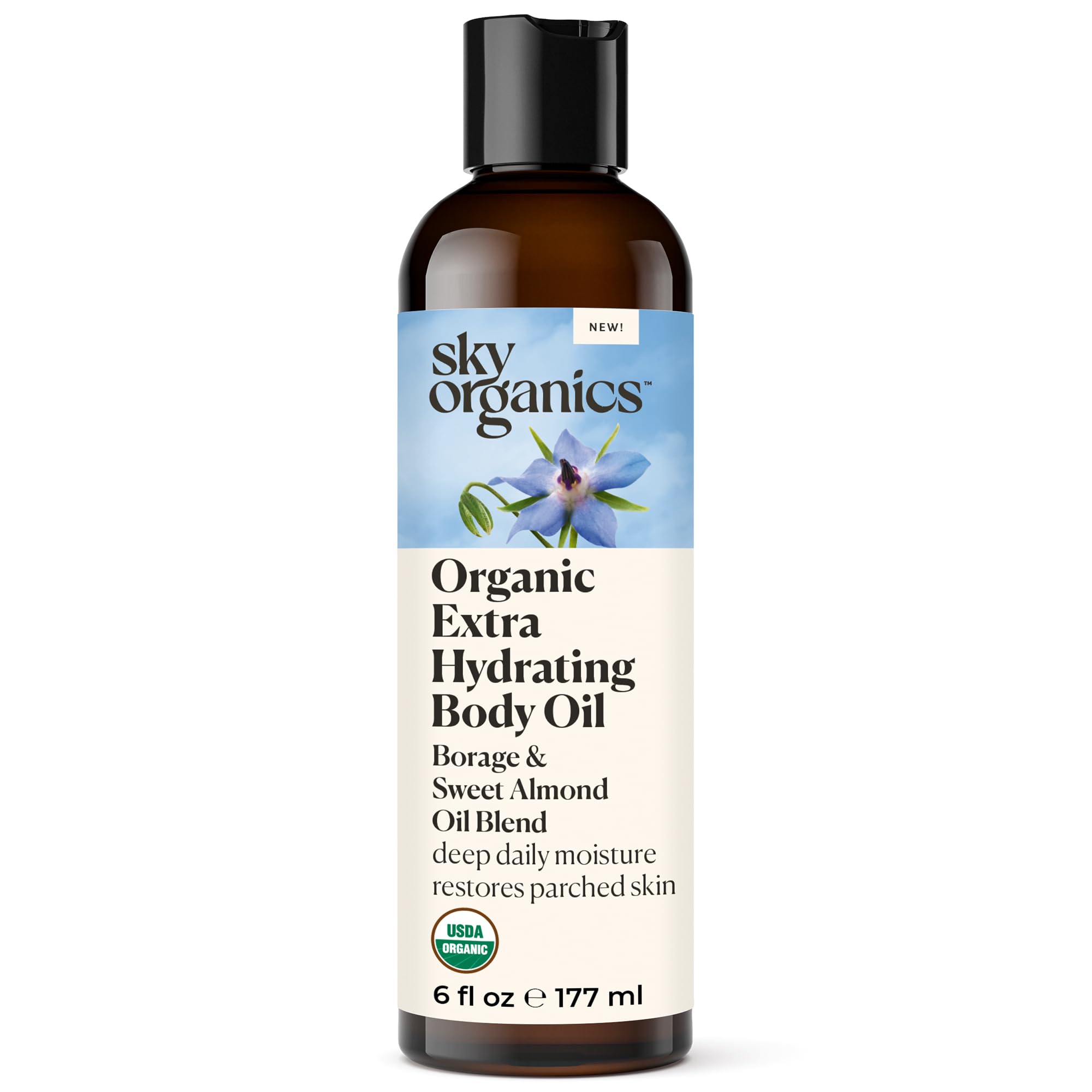 Sky Organics extra hydrating body oil bottle closeup for rich moisture