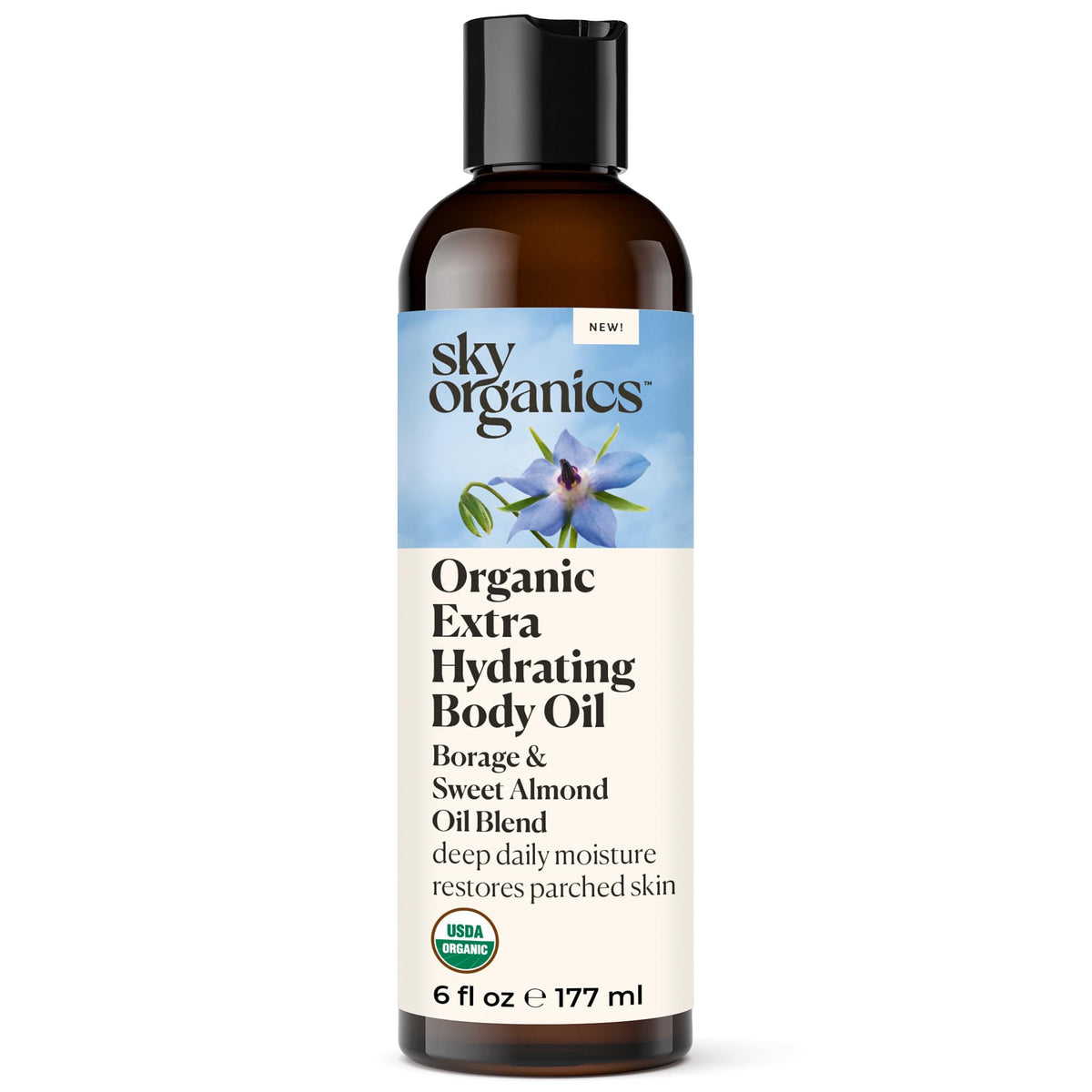 Sky Organics extra hydrating body oil bottle closeup for rich moisture