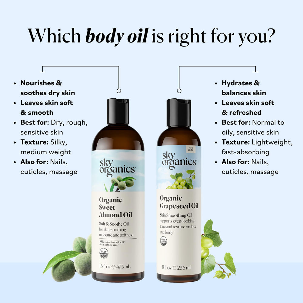 Sky Organics Grapeseed Oil bottle pour—great for mixing with serums to boost moisture.