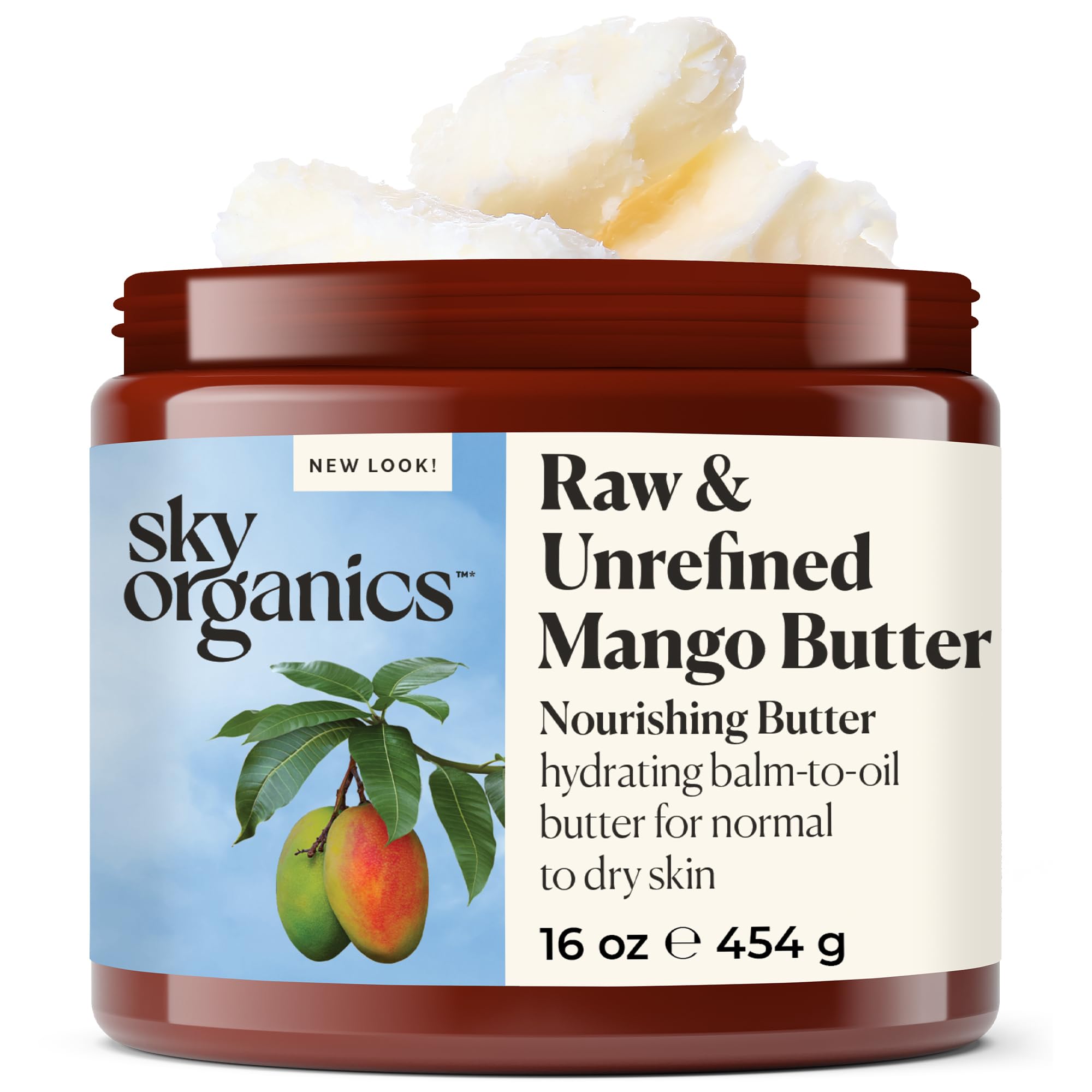 Sky Organics Mango Butter jar closeup shows pure hydration for daily use.