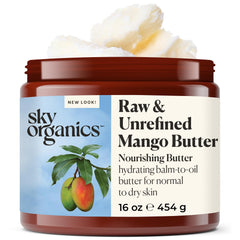 Sky Organics Mango Butter jar closeup shows pure hydration for daily use.