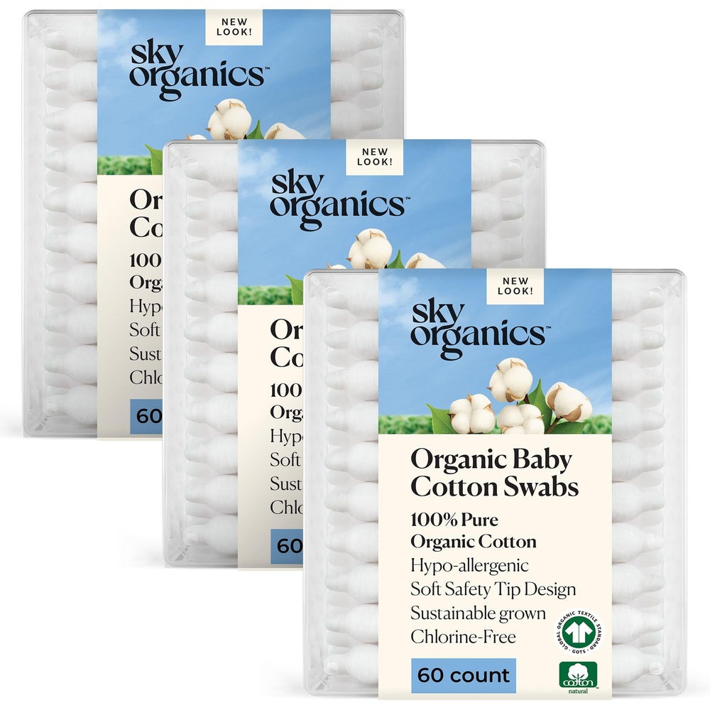 Sky Organics Organic Baby Cotton Swabs packaging with three 60-packs.