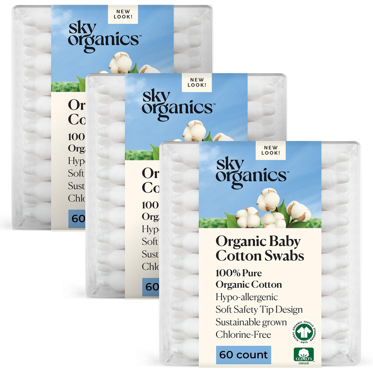 Sky Organics Organic Baby Cotton Swabs packaging with three 60-packs.