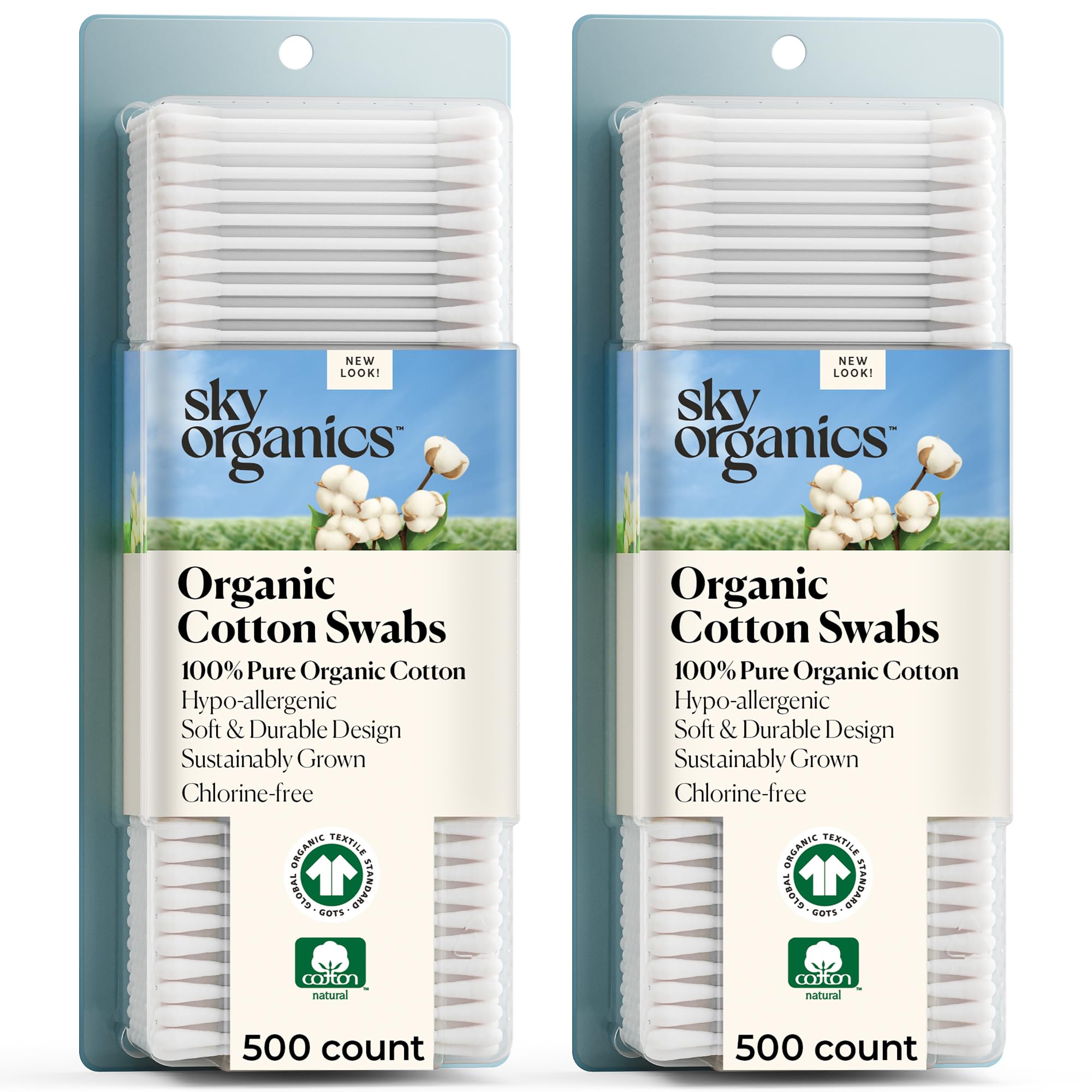 Sky Organics packaging for organic cotton swabs highlights sustainability for daily self-care.